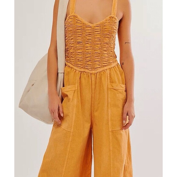 Free People Forever And Always Ruched One Piece Wide Leg Jumpsuit Size XL NWOT - Picture 10 of 13